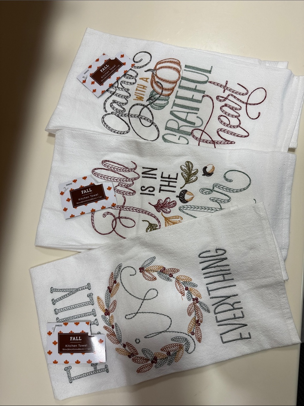 3 Fall Embroidered Kitchen Towels - Autumn White Set